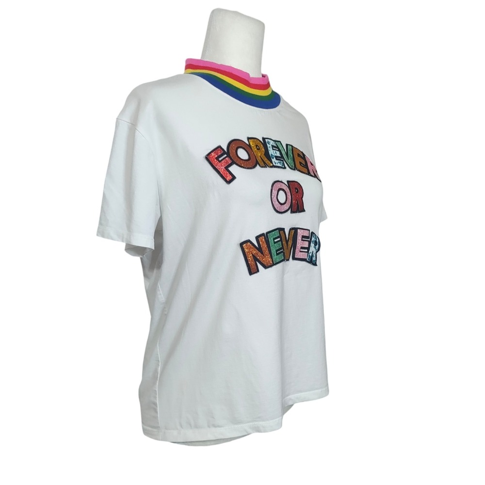 Mira Mikati Forever Or Never Rainbow Mock Neck Glitter Graphic Tee Shirt White 6 - Picture 2 of 8